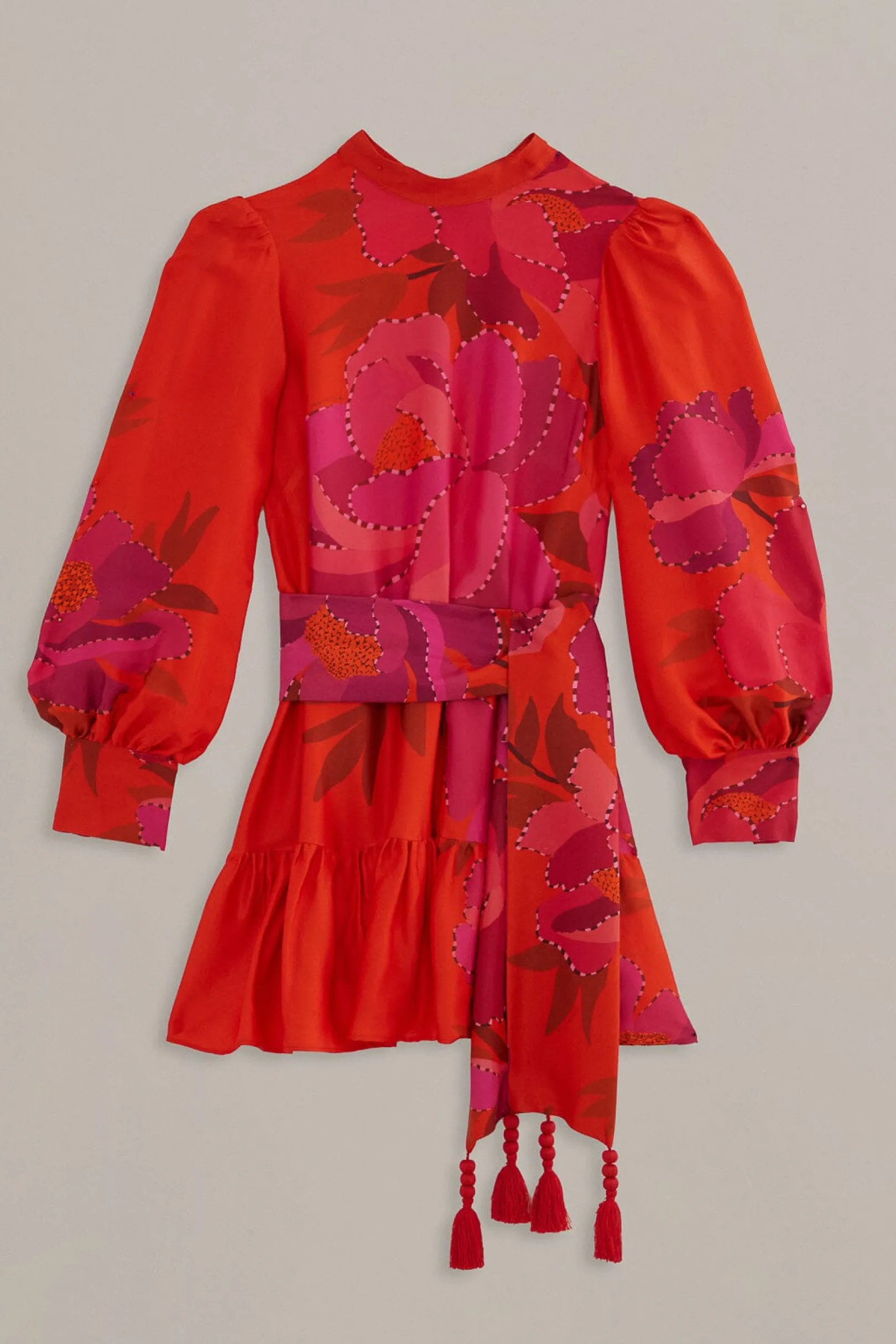 FARM Rio RED PEONY LONG SLEEVE MINI DRESS Cheap