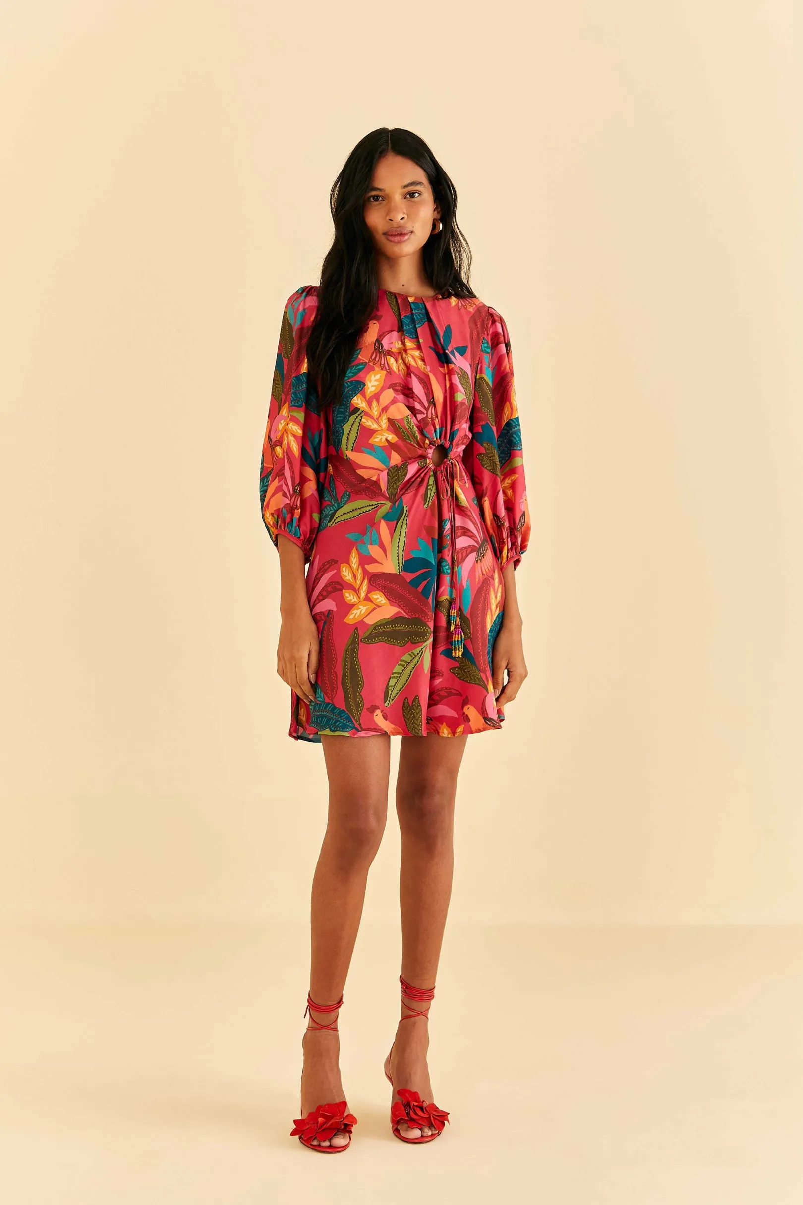 FARM Rio RED ROOSTER LEAVES LONG SLEEVE MINI DRESS New