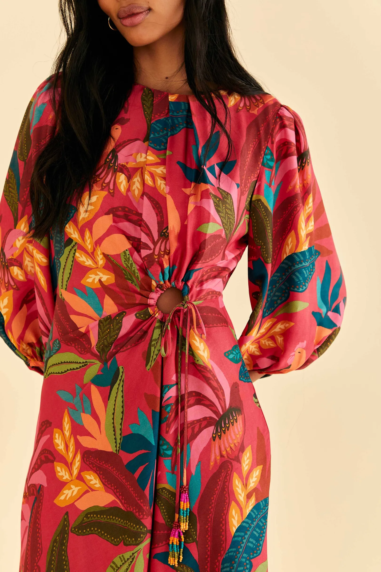 FARM Rio RED ROOSTER LEAVES LONG SLEEVE MINI DRESS New