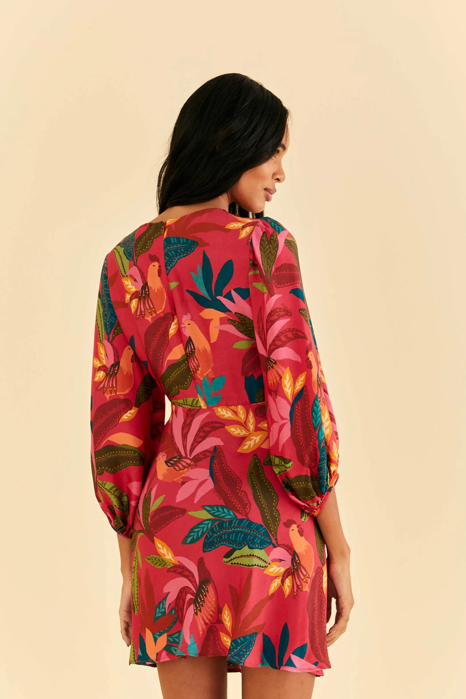 FARM Rio RED ROOSTER LEAVES LONG SLEEVE MINI DRESS New