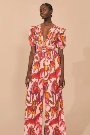 FARM Rio  ROSE WILD HORSES PLEATED SHORT SLEEVE JUMPSUIT Flash Sale