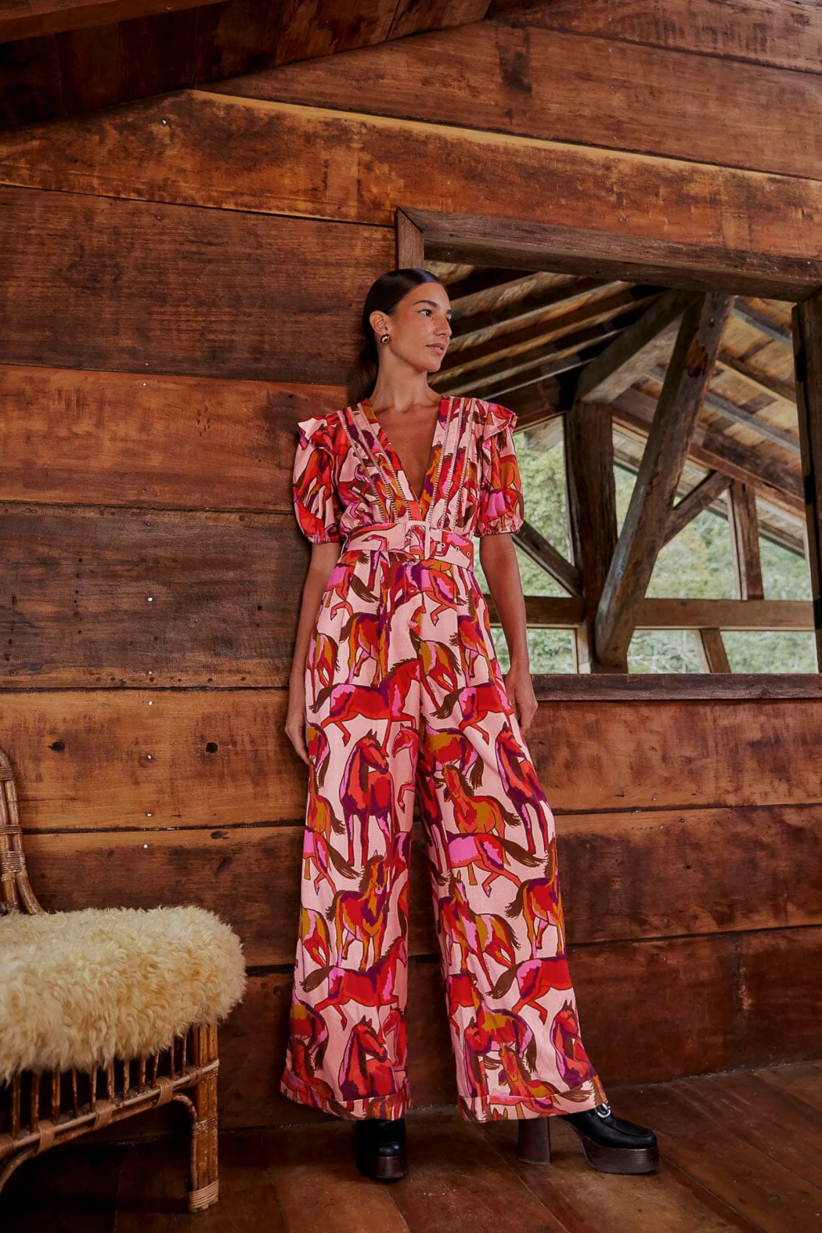 FARM Rio ROSE WILD HORSES PLEATED SHORT SLEEVE JUMPSUIT Flash Sale