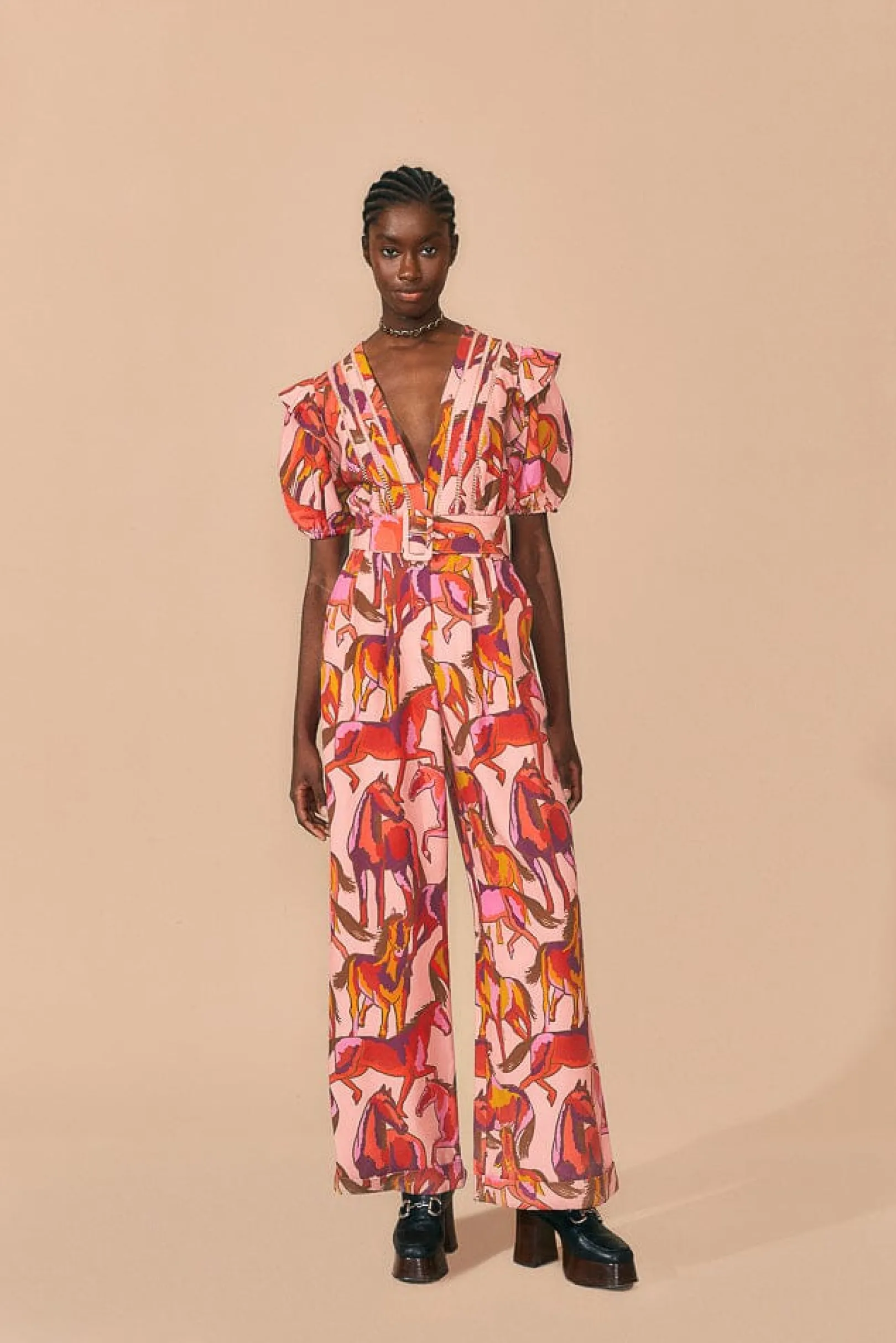 FARM Rio ROSE WILD HORSES PLEATED SHORT SLEEVE JUMPSUIT Flash Sale