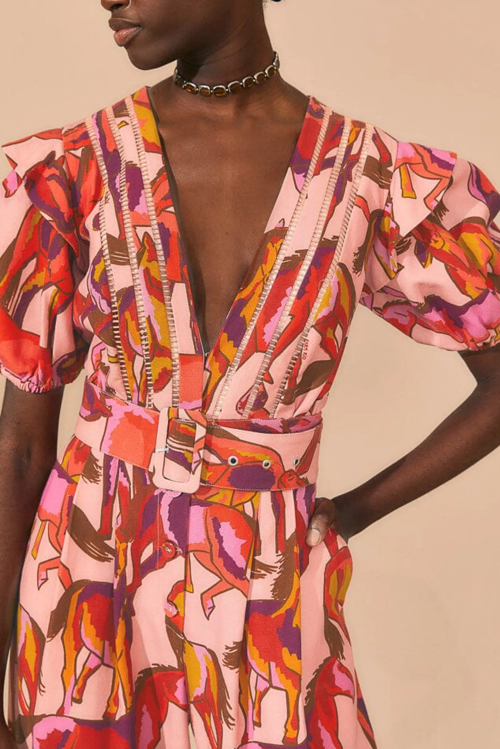 FARM Rio ROSE WILD HORSES PLEATED SHORT SLEEVE JUMPSUIT Flash Sale