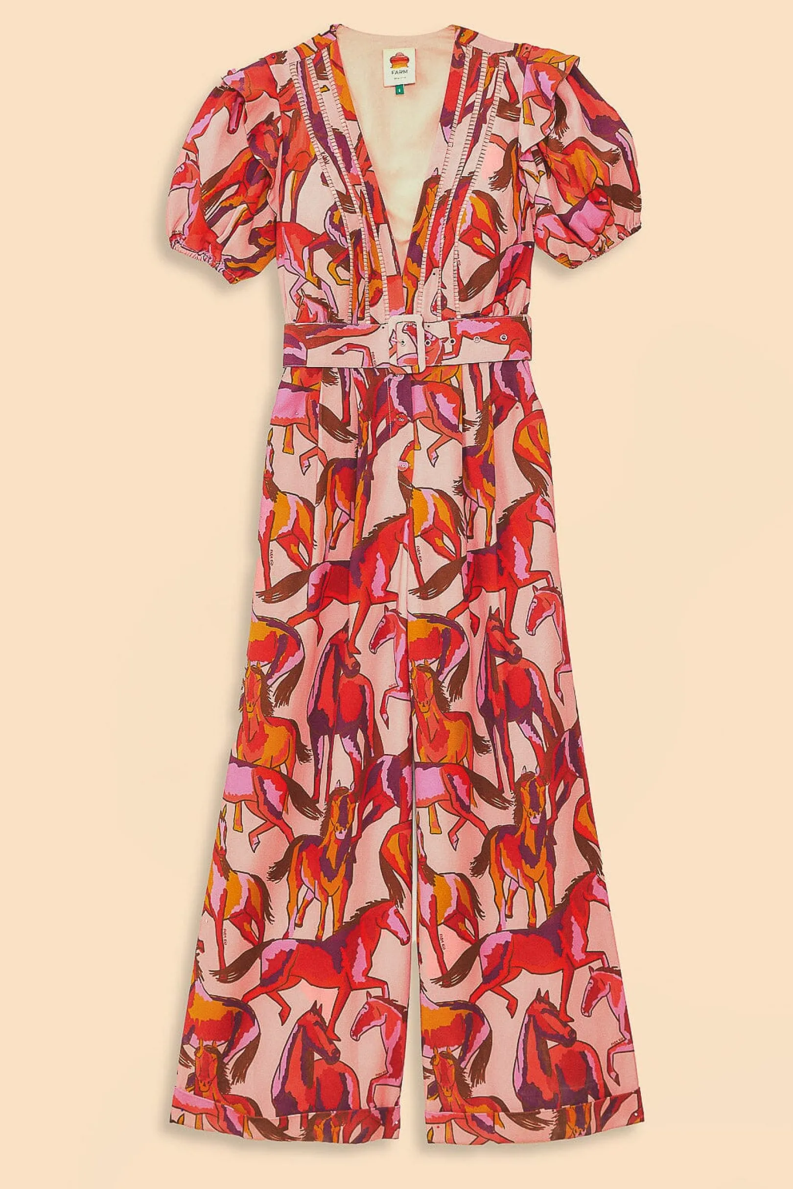 FARM Rio ROSE WILD HORSES PLEATED SHORT SLEEVE JUMPSUIT Flash Sale
