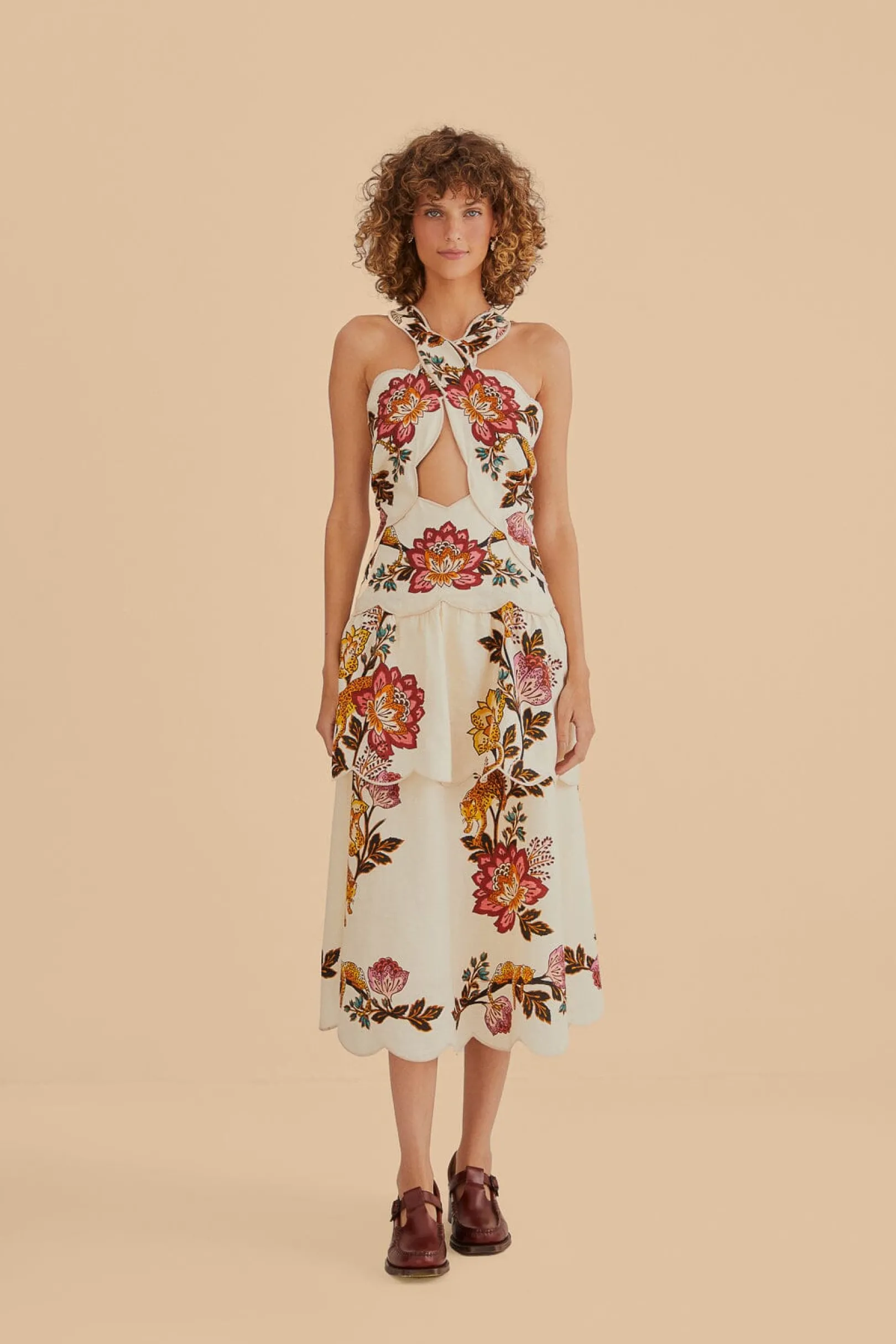 FARM Rio SAND LEOPARD FLOWERS CUT OUT MIDI DRESS Fashion