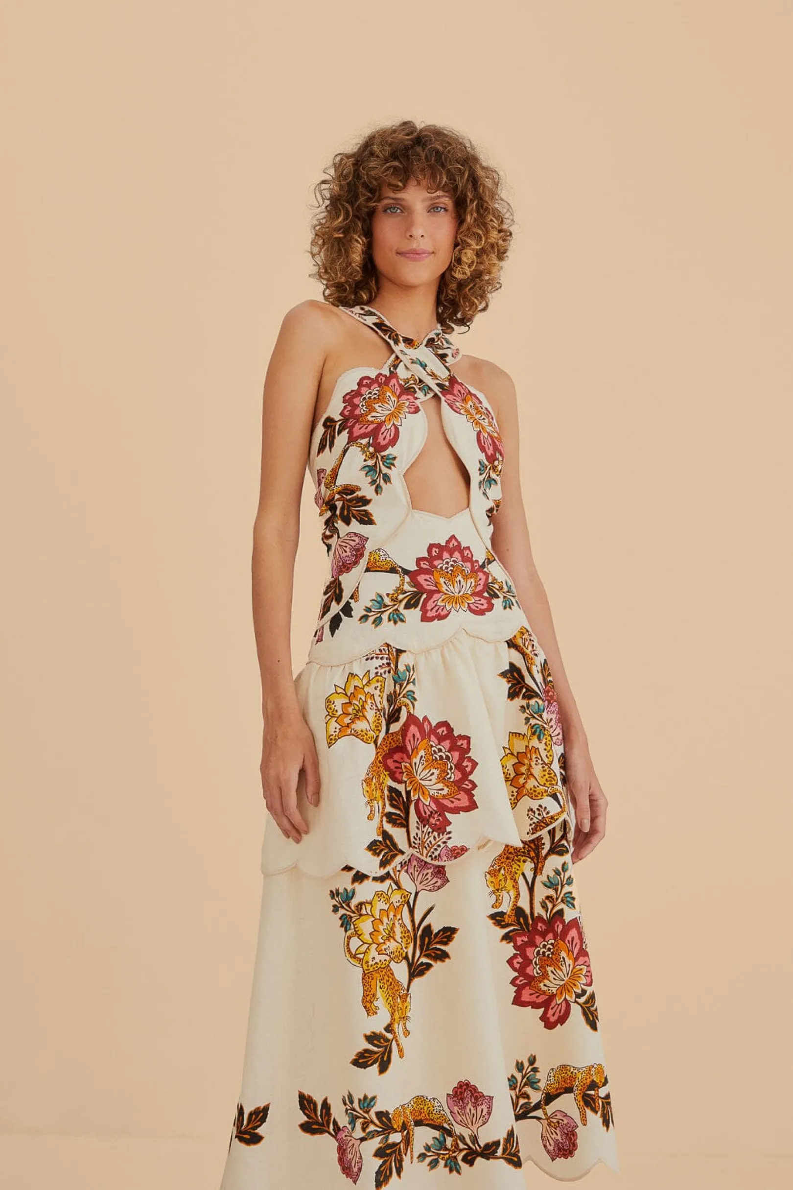 FARM Rio SAND LEOPARD FLOWERS CUT OUT MIDI DRESS Fashion