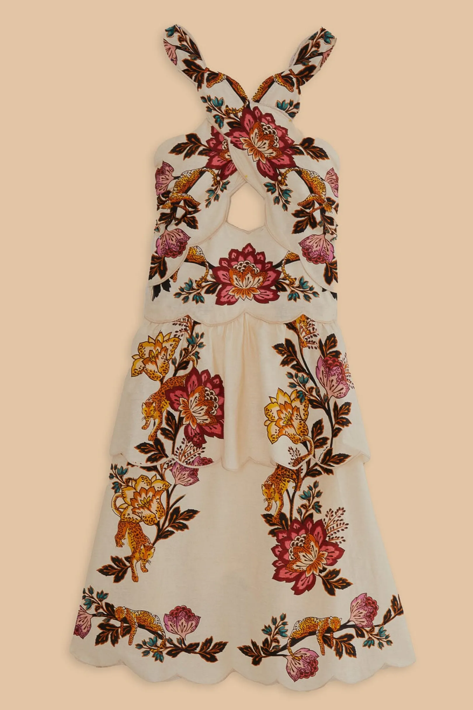 FARM Rio SAND LEOPARD FLOWERS CUT OUT MIDI DRESS Fashion