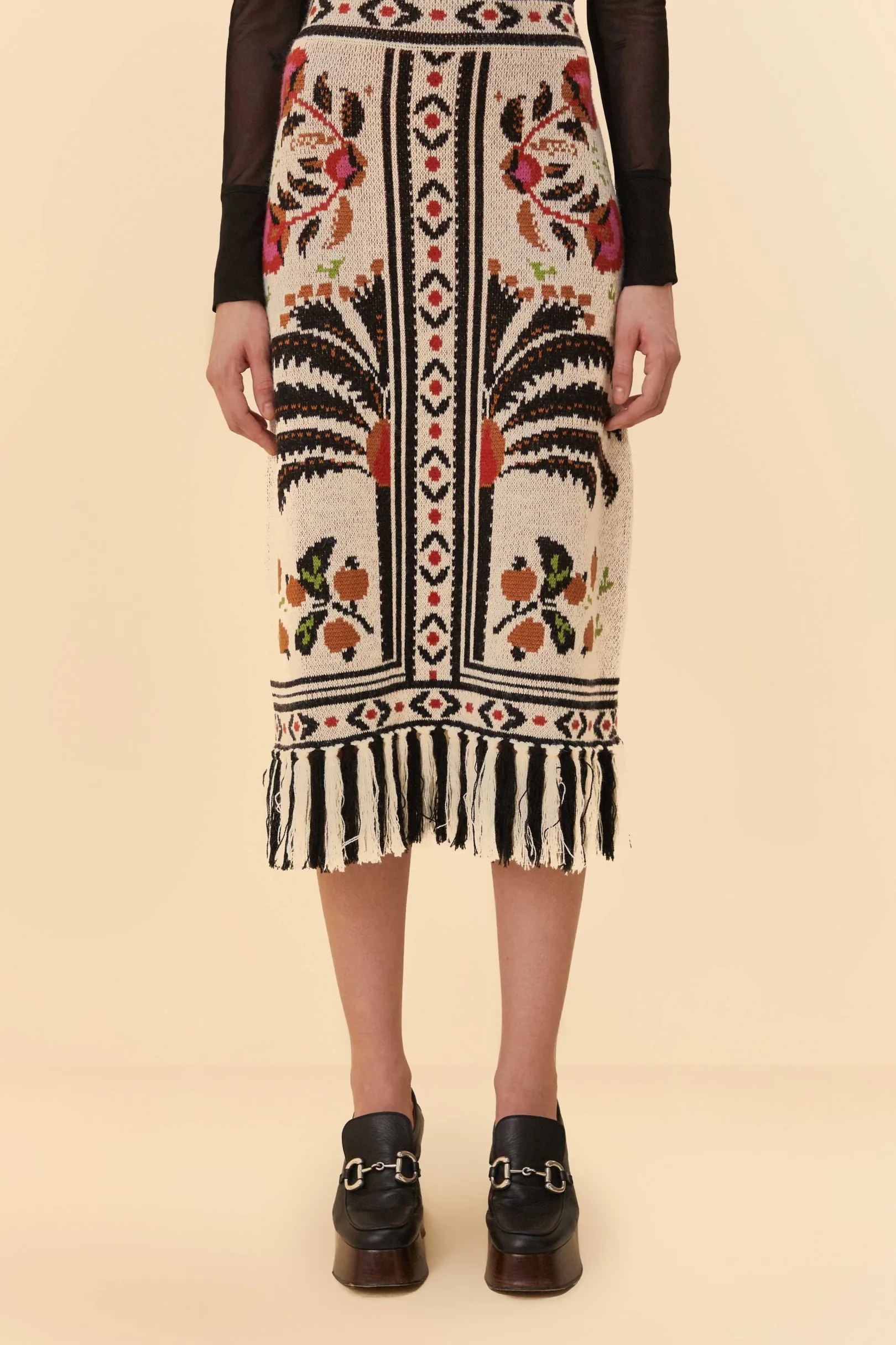FARM Rio SAND PALMS PARADISE KNIT FRINGE MIDI SKIRT Sale