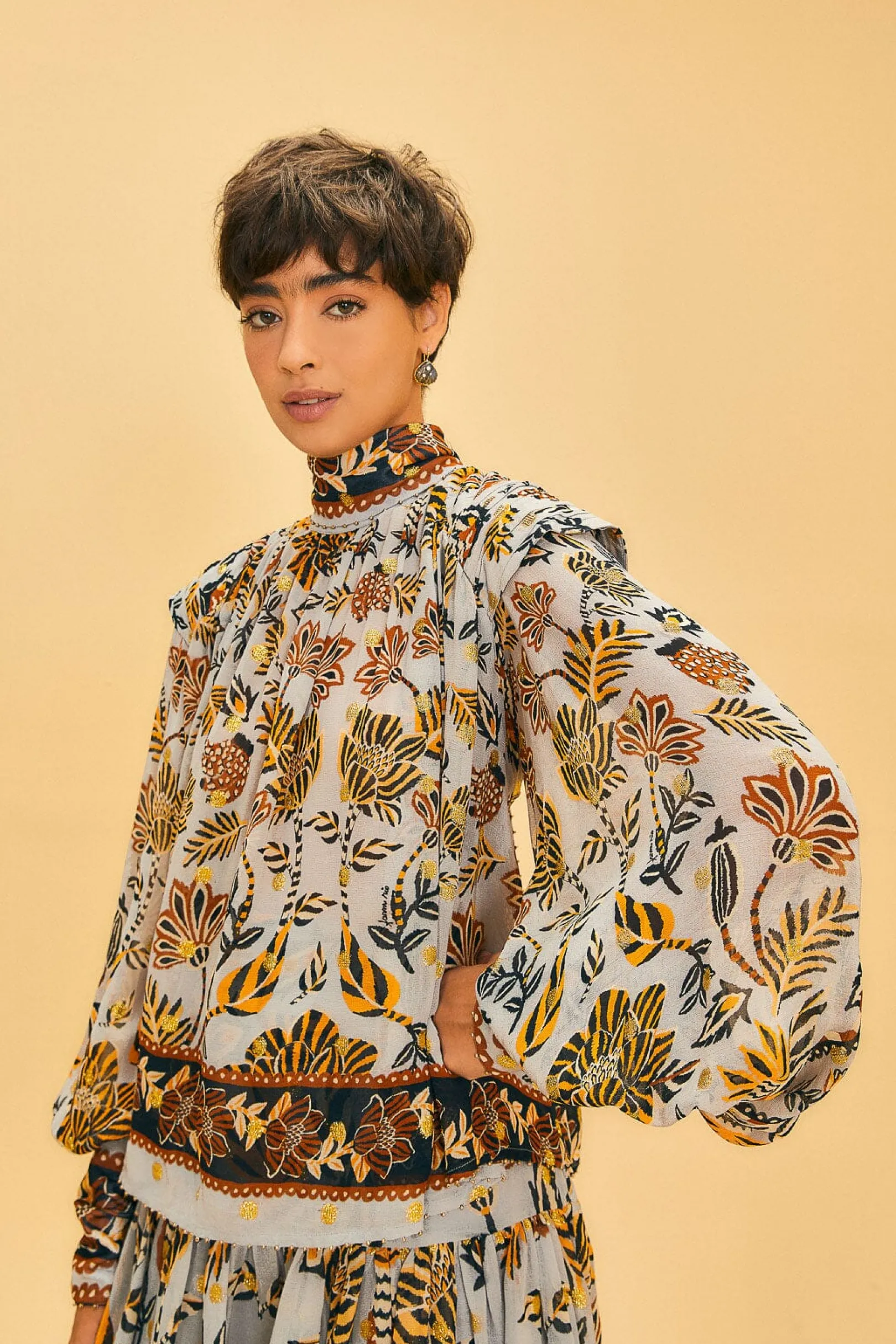 FARM Rio SILVER FLORAL TAPESTRY LONG SLEEVE BLOUSE Online