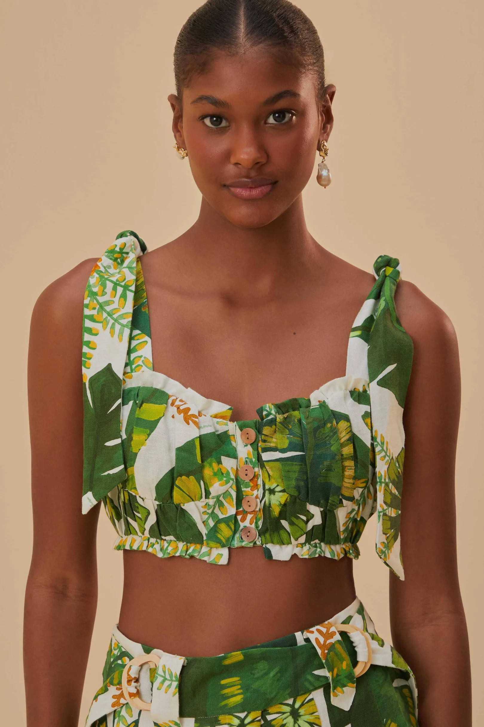 FARM Rio TROPICAL FOREST OFF-WHITE KNOT SLEEVELESS CROP TOP Best