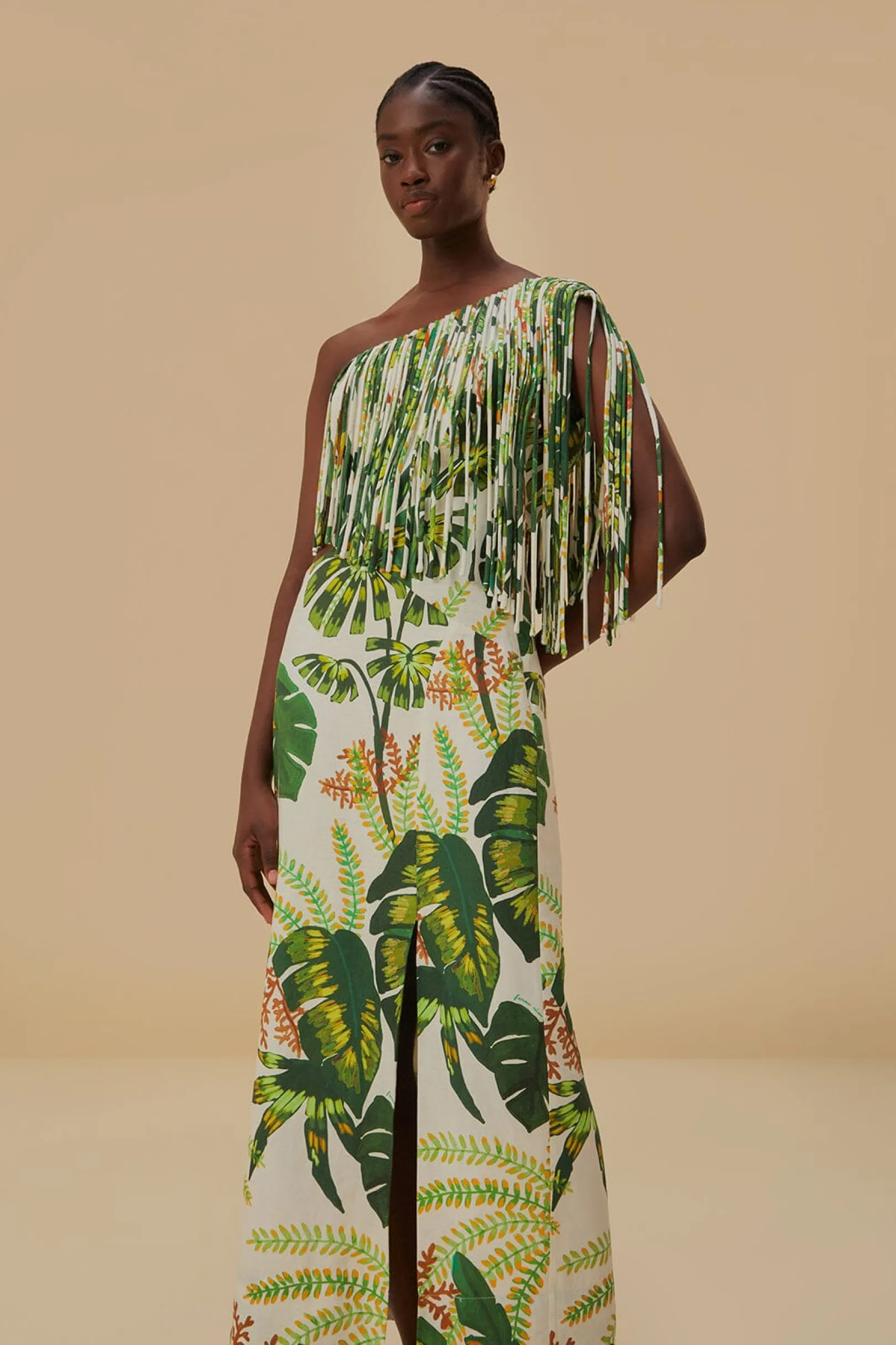 FARM Rio TROPICAL FOREST OFF-WHITE FRINGED MIDI DRESS Outlet