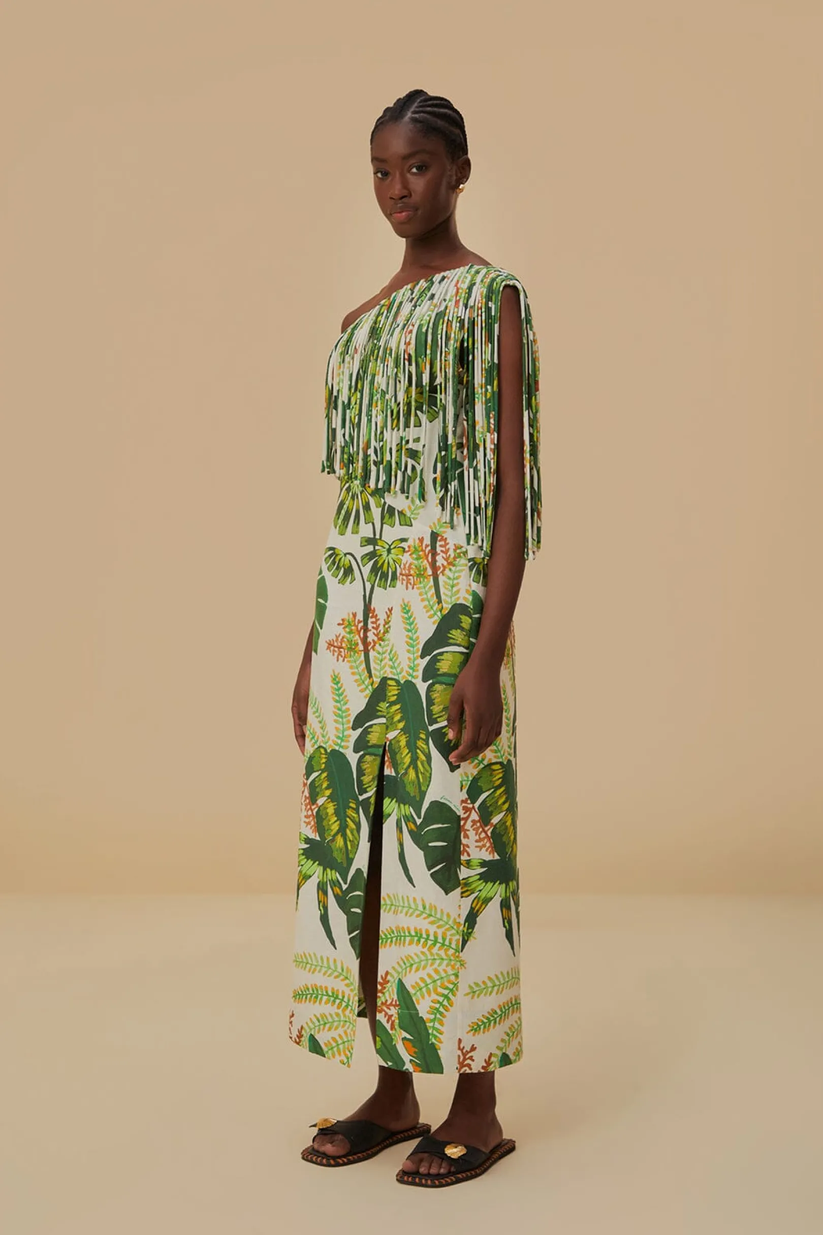 FARM Rio TROPICAL FOREST OFF-WHITE FRINGED MIDI DRESS Outlet
