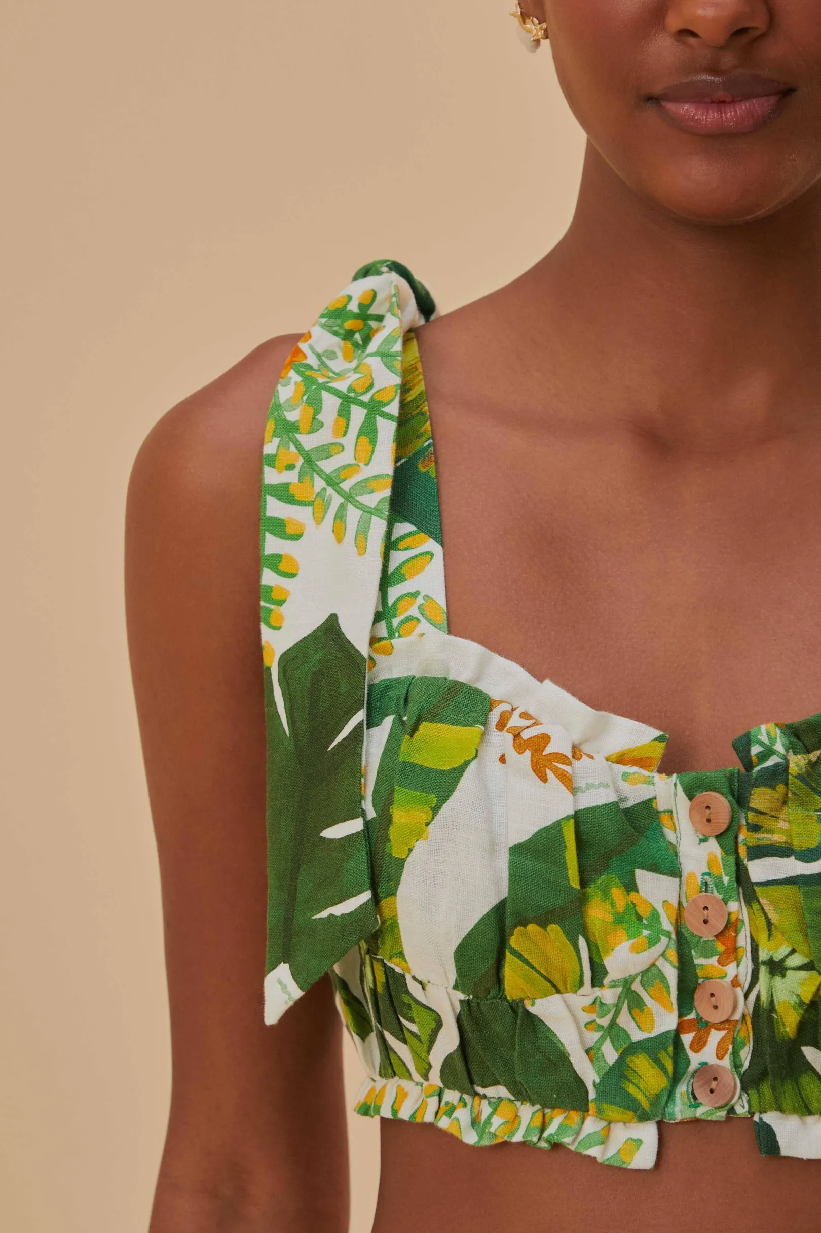 FARM Rio TROPICAL FOREST OFF-WHITE KNOT SLEEVELESS CROP TOP Best