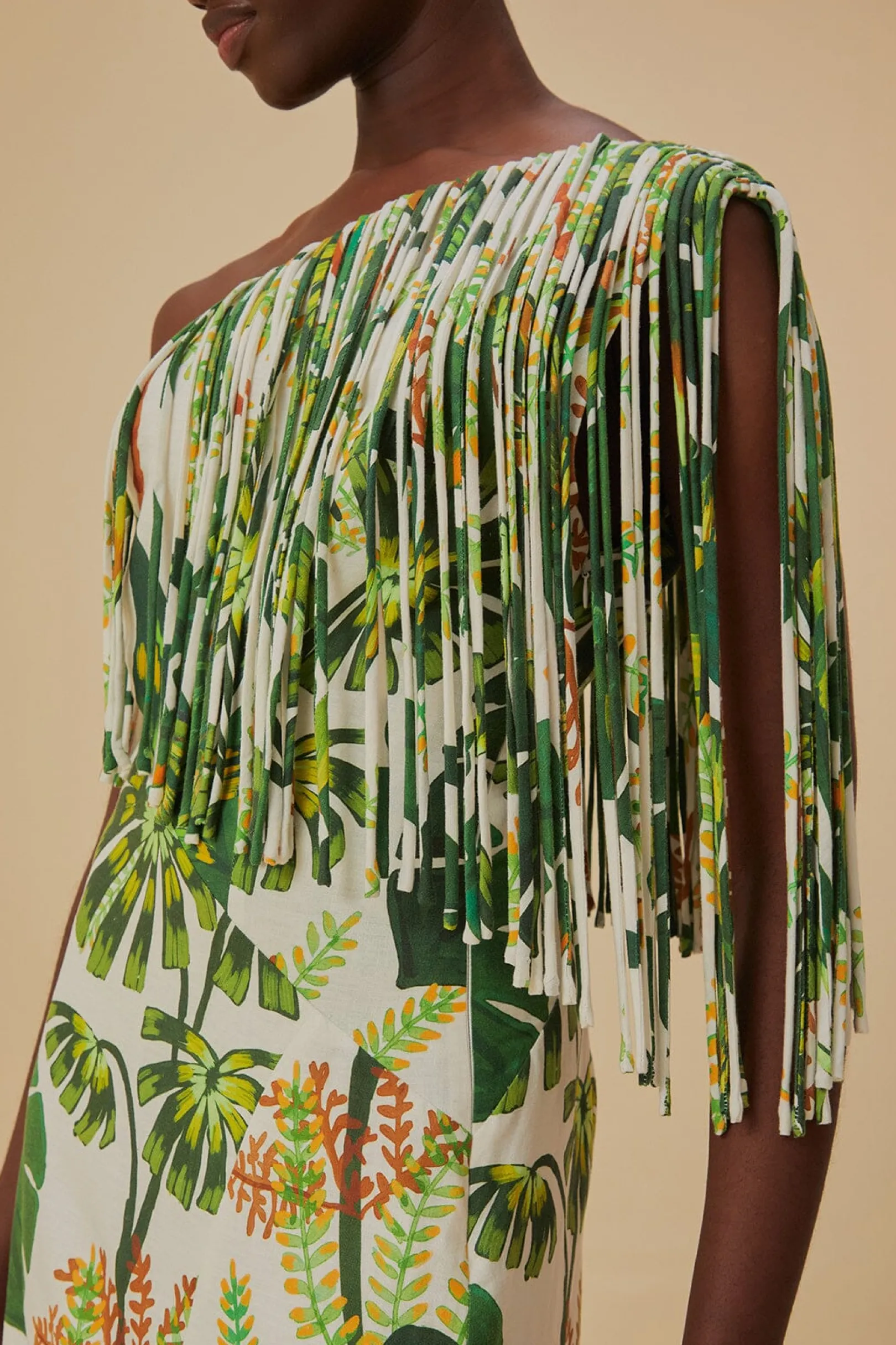 FARM Rio TROPICAL FOREST OFF-WHITE FRINGED MIDI DRESS Outlet