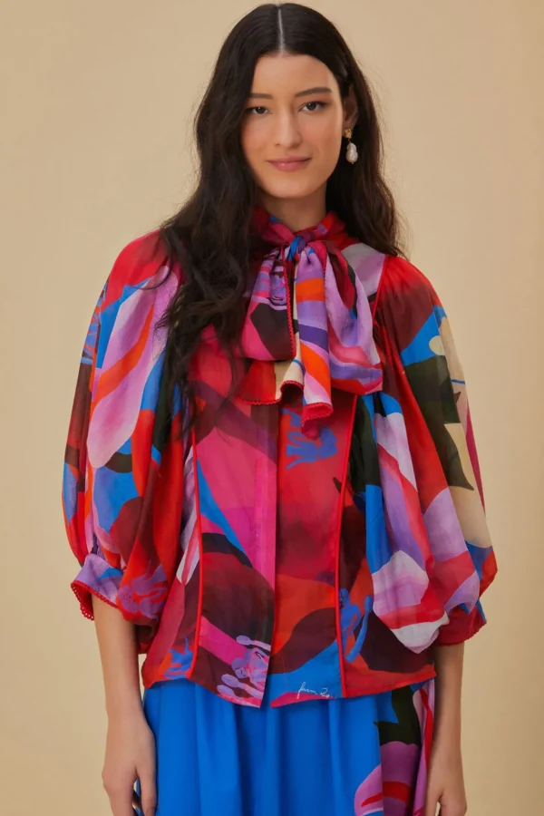 FARM Rio  WATERCOLOR FLORAL BLUE LONG SLEEVE BLOUSE Clearance