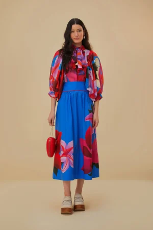FARM Rio  WATERCOLOR FLORAL BLUE MIDI SKIRT Fashion
