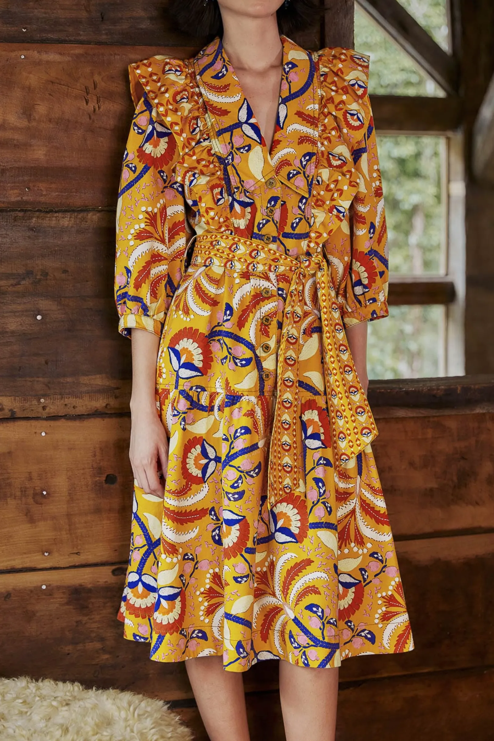 FARM Rio YELLOW PALMS PARTY MIDI DRESS Hot