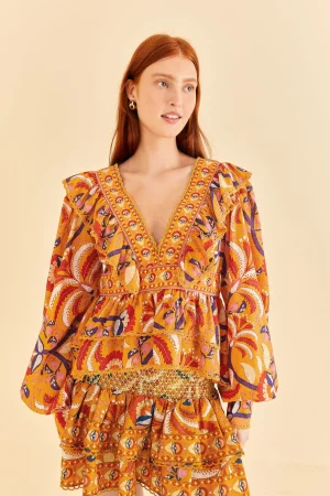 FARM Rio YELLOW PALMS PARTY RUFFLE BLOUSE Clearance