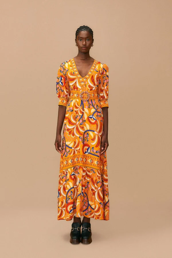 FARM Rio  YELLOW PALMS PARTY SHORT SLEEVE MAXI DRESS New